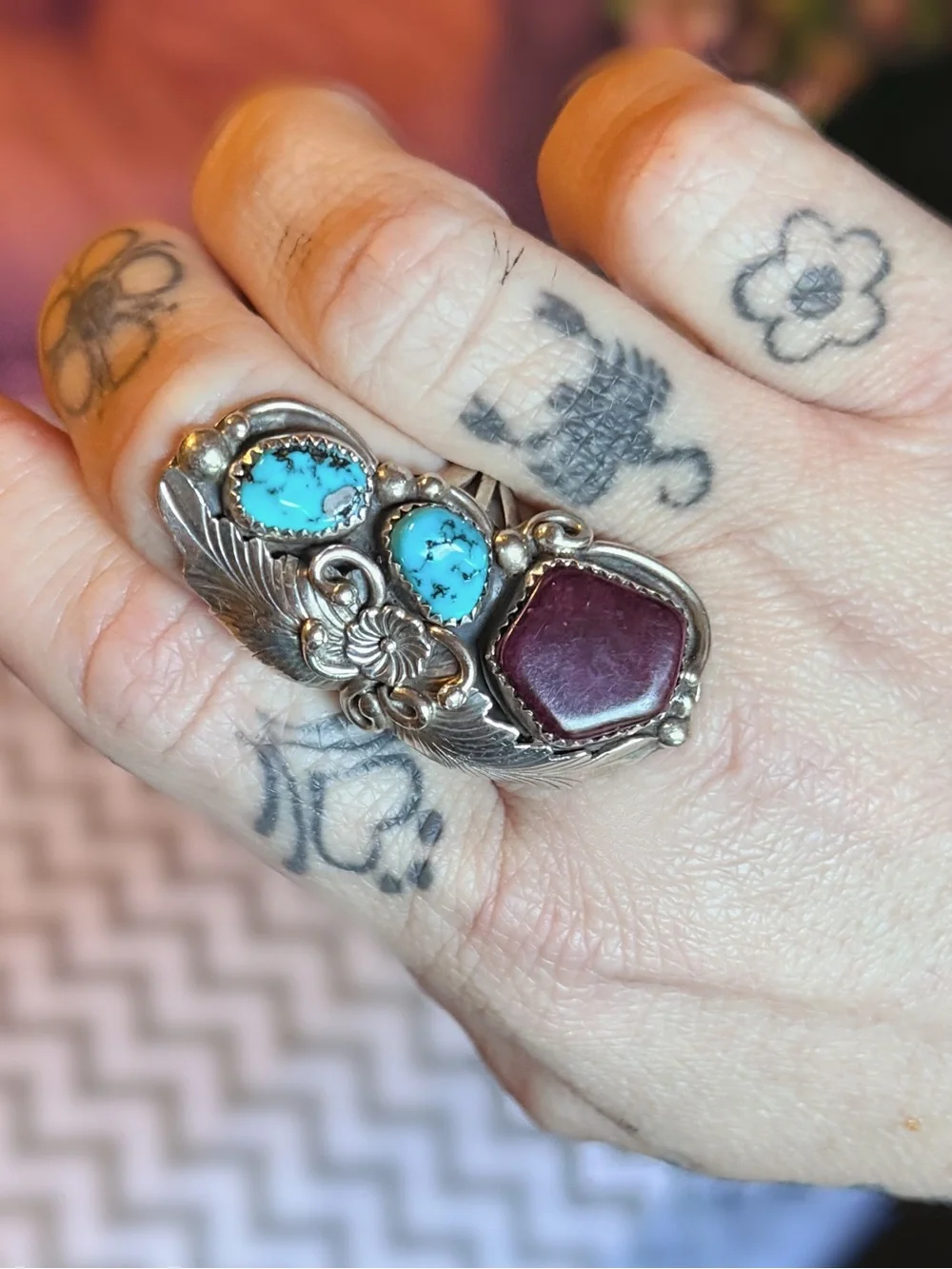 Vintage 1970s Rose Castillo Navajo Sterling Silver Turquoise Spiny Oyster Ring